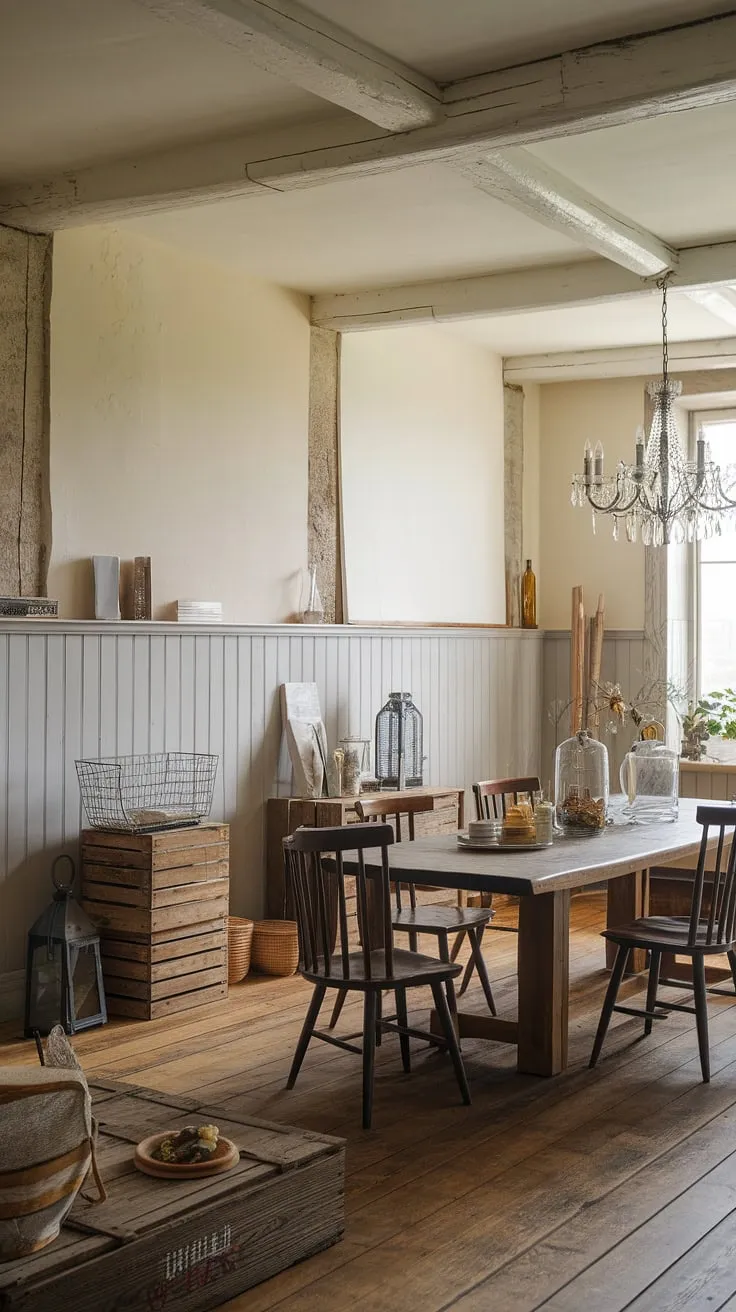 This dining room with beams showcases the beauty of dining room wainscoting, blending rustic and modern dining room decor seamlessly. A touch of French cottage and French farmhouse style completes this inviting space.