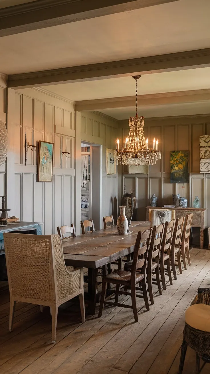 Warm, inviting light spills across this rustic dining room, a captivating blend of Southern charm, Victorian elegance, and French country simplicity. The long wooden table, surrounded by comfortable chairs, sits beneath a vintage chandelier, its glow reflecting off the rich wood floors and detailed wainscoting. Exposed beams add architectural interest to the ceiling, completing the inviting atmosphere of this modern dining room decor. This french cottage dining room, with its french farmhouse dining room influences, is the perfect space for gatherings and cherished memories.