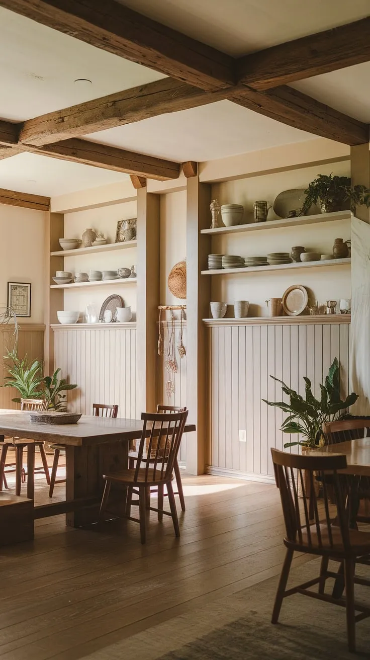 This stunning dining room with beams showcases a beautiful blend of styles. The wainscoting adds a touch of Victorian sophistication to the rustic dining room, while the modern dining room decor keeps the space feeling fresh and inviting. Think French country dining room meets Southern hospitality – a perfect example of a French farmhouse dining room aesthetic. Potted plants add life to the space, creating a welcoming and comfortable atmosphere.