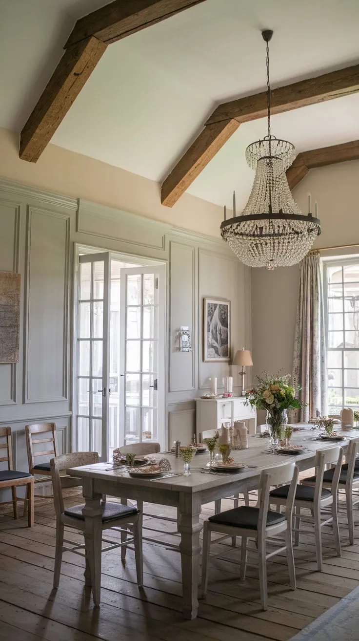 This French farmhouse dining room, with its stunning dining room wainscoting and high beamed ceiling, embodies the spirit of a Southern Victorian dining room. The dining room decor is a beautiful mix of French cottage and modern rustic styles.