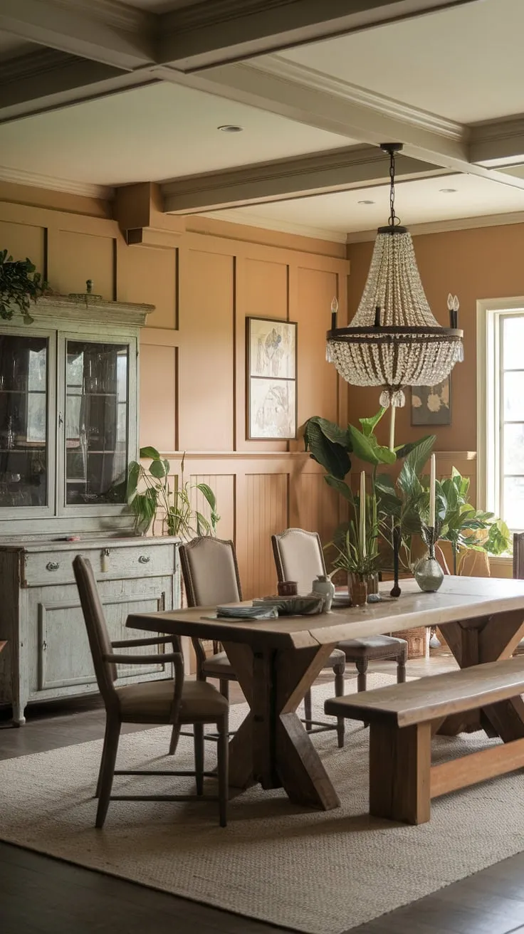 Warm, honey-toned walls embrace this stunning blend of rustic and modern dining room decor. The room's character is defined by rich wood beams and elegant wainscoting, creating a sophisticated yet inviting atmosphere reminiscent of a French country dining room, or perhaps a charming French cottage dining room. A large farmhouse table anchors the space, surrounded by comfortable seating and a vintage cupboard, completing the look of this beautiful southern dining room with a touch of Victorian elegance and the practicality of a modern dining room. The overall effect is a delightful French farmhouse dining room, perfect for both intimate gatherings and grand celebrations.