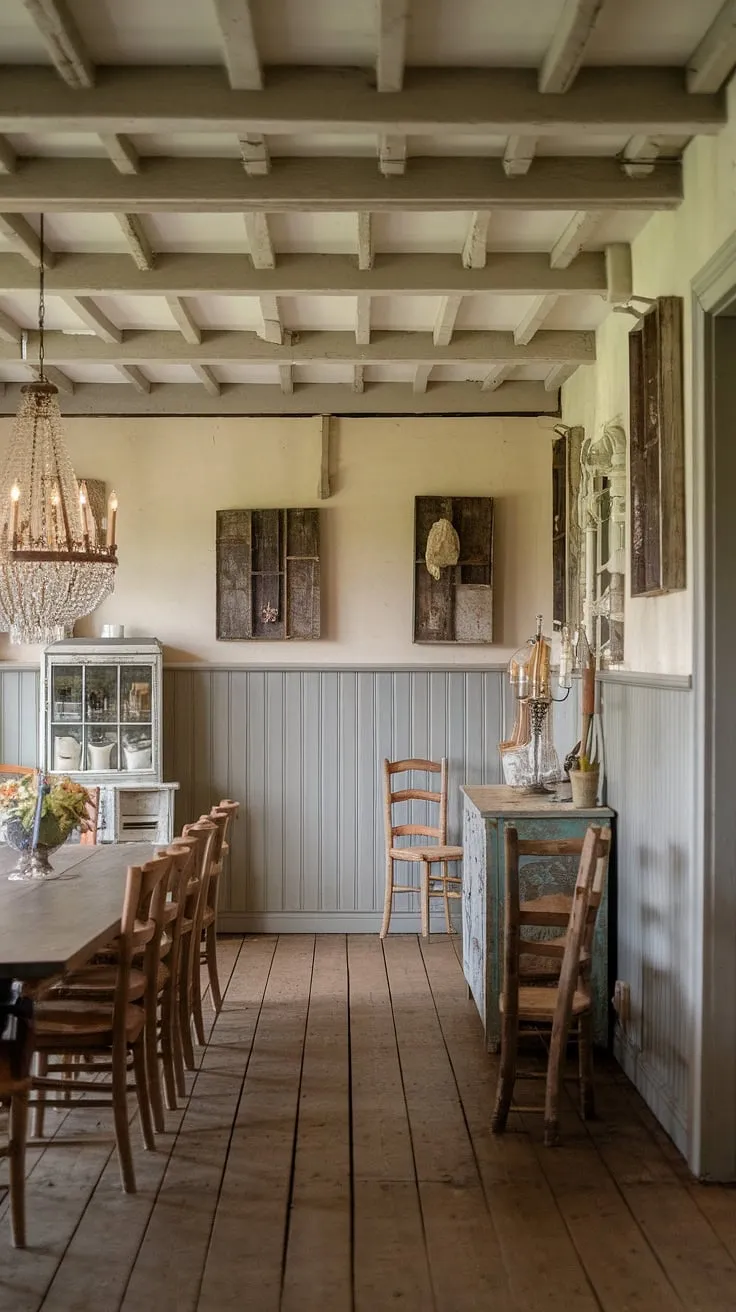 This dining room wainscoting defines rustic sophistication. A blend of French cottage and modern dining room decor, the exposed beams and vintage details create a warm, inviting space perfect for gatherings in this stunning French country dining room.