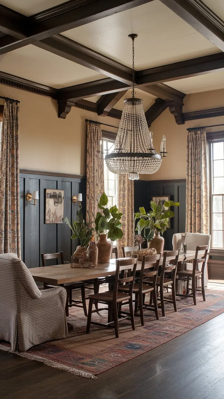 Southern charm meets Victorian elegance in this rustic dining room, where wainscoting adds a touch of refined detail to the beamed ceiling and farmhouse table. The perfect blend of modern dining room decor and timeless style.