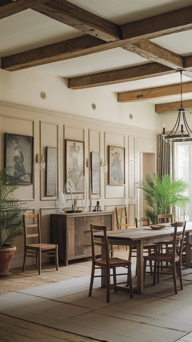 This rustic dining room, a stunning example of French farmhouse dining room style, features beautiful exposed beams and classic wainscoting. The carefully curated dining room decor, including vintage accents and lush greenery, creates a welcoming atmosphere. This modern dining room decor seamlessly blends French country dining room elements with subtle Victorian influences, resulting in a sophisticated yet comfortable southern dining room perfect for intimate dinners or large celebrations.