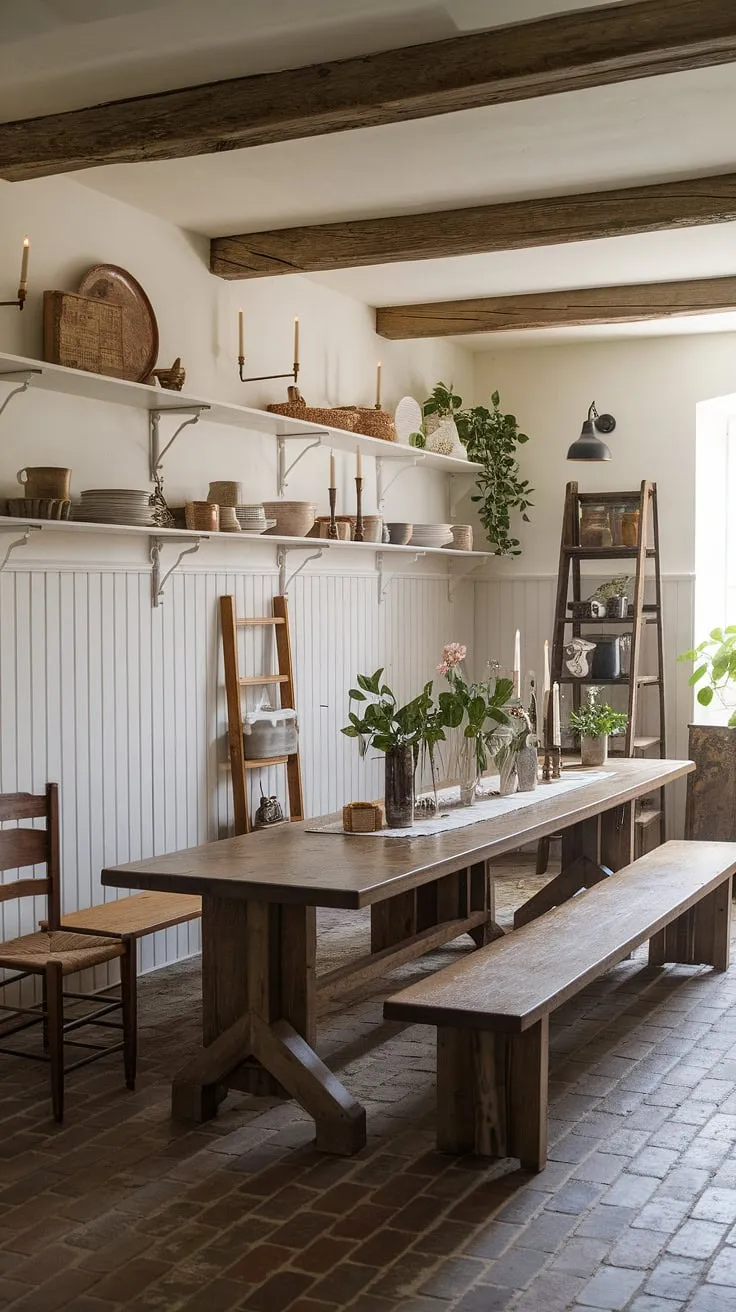 This French farmhouse dining room boasts stunning dining room wainscoting, creating a cozy and inviting atmosphere. The dining room with beams and brick floors, combined with the charming dining room decor, perfectly captures the essence of a rustic dining room, while still feeling fresh and modern. A blend of French country dining room and Victorian influences makes this space truly unique.
