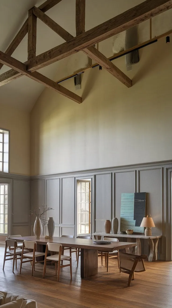 This dining room with beams showcases the beauty of dining room wainscoting, seamlessly blending rustic and modern dining room decor. Think french cottage dining room meets french farmhouse dining room – a sophisticated yet comfortable space perfect for gatherings.