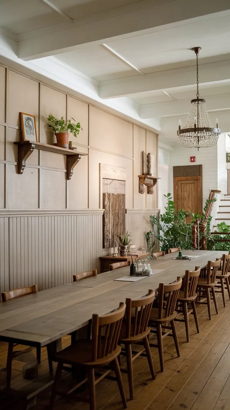 A blend of styles defines this stunning dining room. The rich wood floors and substantial wooden table anchor the space, while the elegant wainscoting and chandelier elevate the ambiance. This southern dining room boasts a modern twist with its carefully chosen dining room decor, creating a space that feels both rustic and refined, reminiscent of a French country dining room or a more formal Victorian dining room. The exposed beams above add a touch of architectural drama to this inviting and comfortable space.