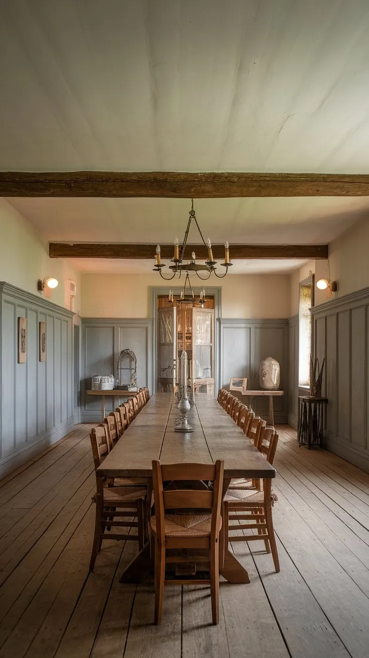 Rustic charm meets modern elegance in this dining room wainscoting masterpiece. The rich wood tones, exposed beams, and carefully curated dining room decor create a space that effortlessly blends southern dining room grace with french country dining room flair, a perfect example of victorian dining room inspiration adapted for a modern dining room decor.