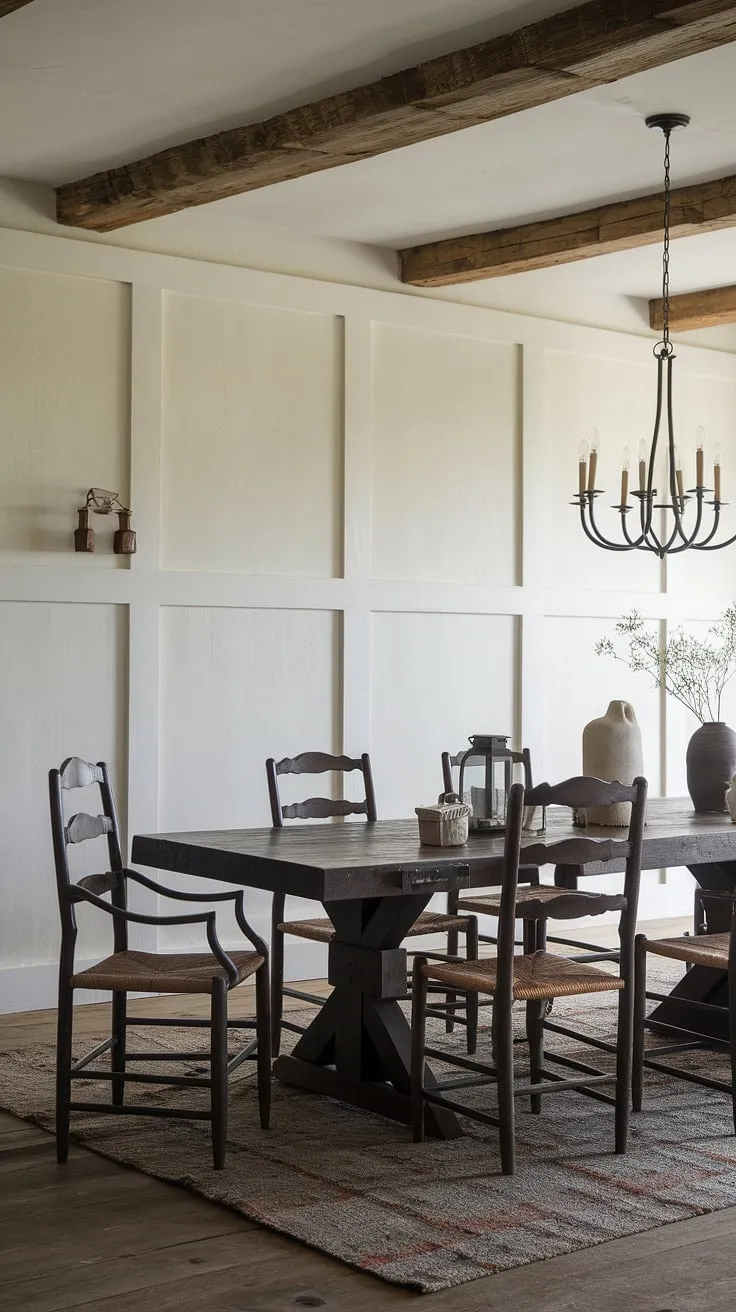 The warm glow of the chandelier illuminates this stunning dining room, a perfect example of rustic dining room design. The rich dark wood of the dining table and chairs contrasts beautifully with the crisp white wainscoting, while the exposed beams add a touch of architectural grandeur. This dining room with beams seamlessly blends modern dining room decor with classic elements, creating a space that feels both elegant and inviting. The overall style is reminiscent of a French country dining room, with a hint of Southern dining room charm and a touch of French cottage dining room simplicity. The careful selection of dining room decor, including the vase and lantern, completes the sophisticated yet cozy atmosphere.