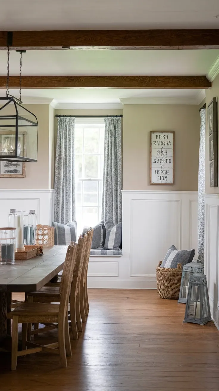 This dining room with beams showcases the beauty of dining room wainscoting, seamlessly blending Victorian and French farmhouse dining room aesthetics. The result? A modern dining room decor that's both sophisticated and comfortably rustic.