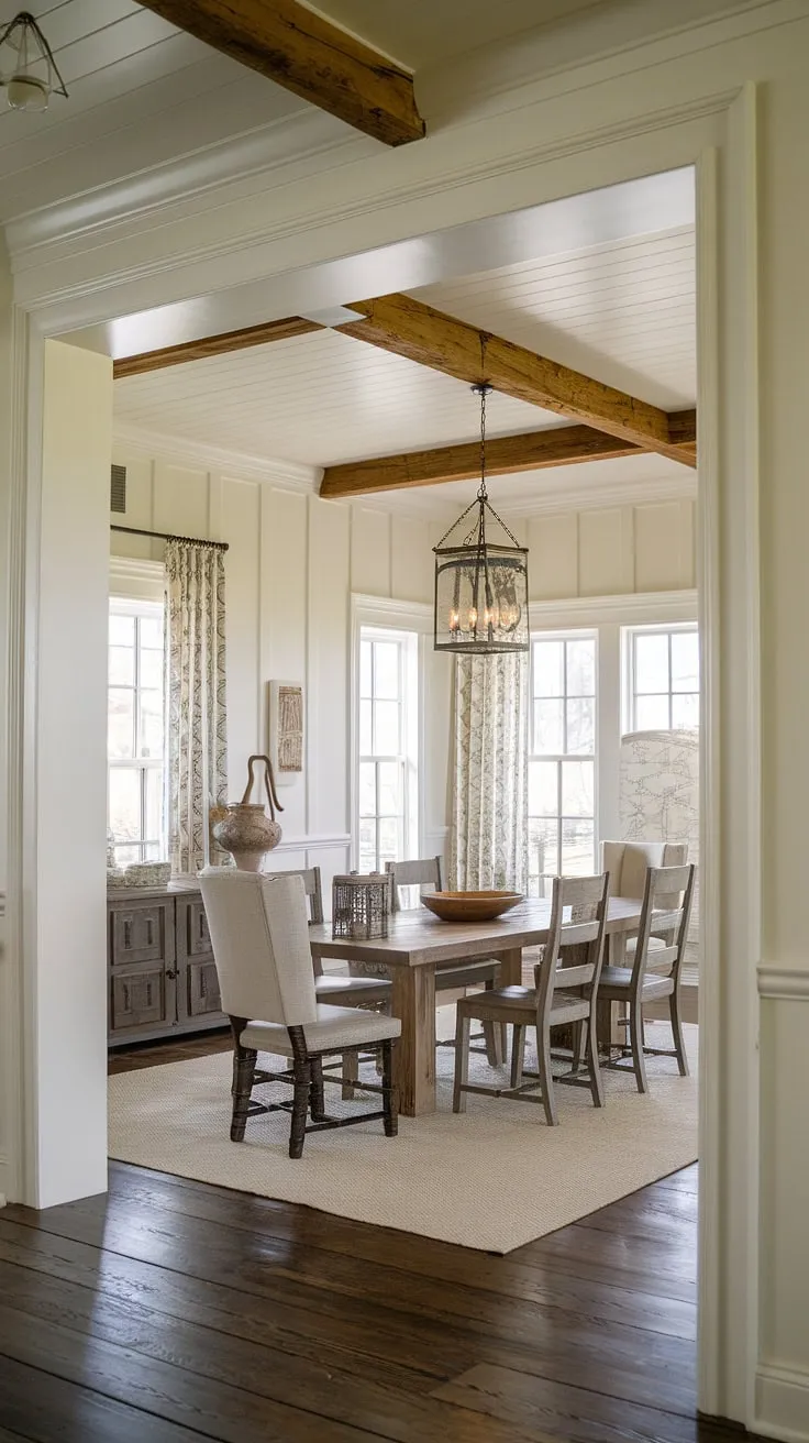 Southern charm meets modern elegance in this rustic dining room, where wainscoting adds a touch of Victorian grace to the exposed beams and dark wood floors. The perfect blend of French country and farmhouse styles creates a welcoming space.