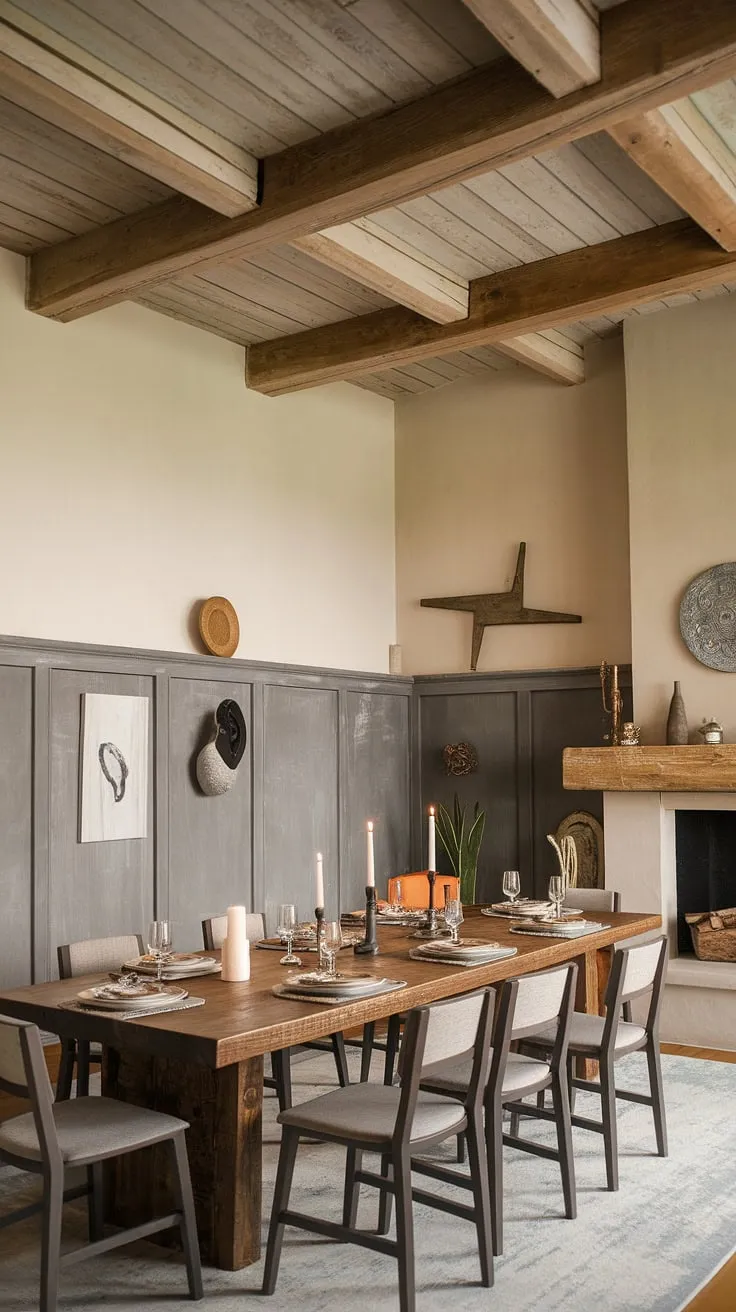 Rustic charm meets modern elegance in this dining room wainscoting masterpiece. The high ceilings and exposed beams create a grand atmosphere, while the carefully curated dining room decor, blending elements of a southern dining room, victorian dining room, and french country dining room, offers a warm and inviting space perfect for gatherings.