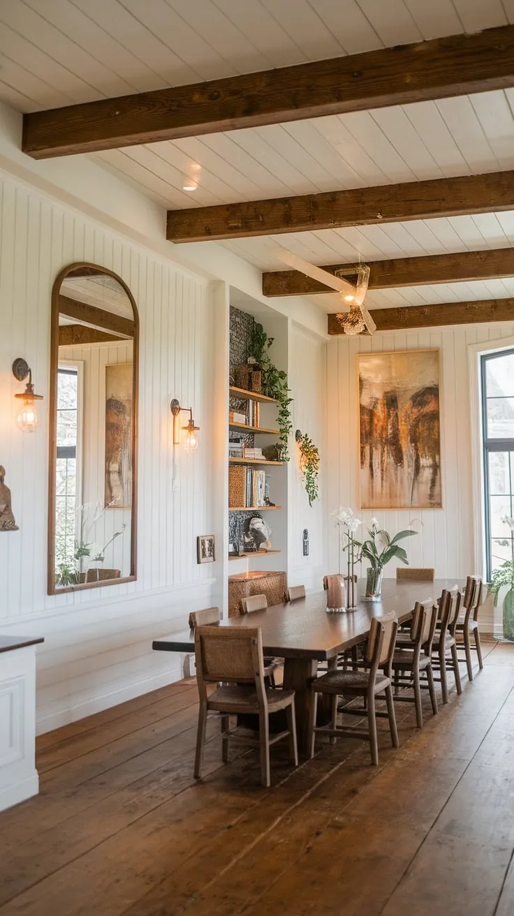 This stunning dining room with beams showcases a beautiful blend of rustic charm and modern elegance. The white wainscoting creates a clean backdrop for the rich wooden floors and the long, inviting dining table, perfectly embodying the spirit of a French farmhouse dining room. Touches of a Southern dining room and Victorian dining room are subtly incorporated into the dining room decor, creating a space that is both inviting and sophisticated. The carefully chosen artwork and decorative shelves complete the look, resulting in a truly captivating French country dining room and French cottage dining room fusion.
