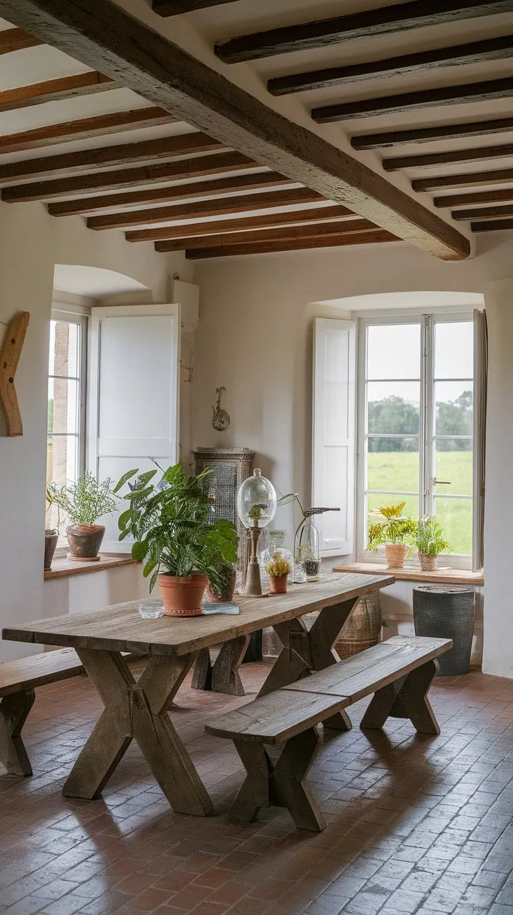 Rustic charm meets modern elegance in this French farmhouse dining room. The dining room wainscoting adds a touch of sophistication to the warm, inviting space, complete with exposed beams and a view that steals the show. This dining room decor perfectly blends rustic dining room and modern dining room decor styles.