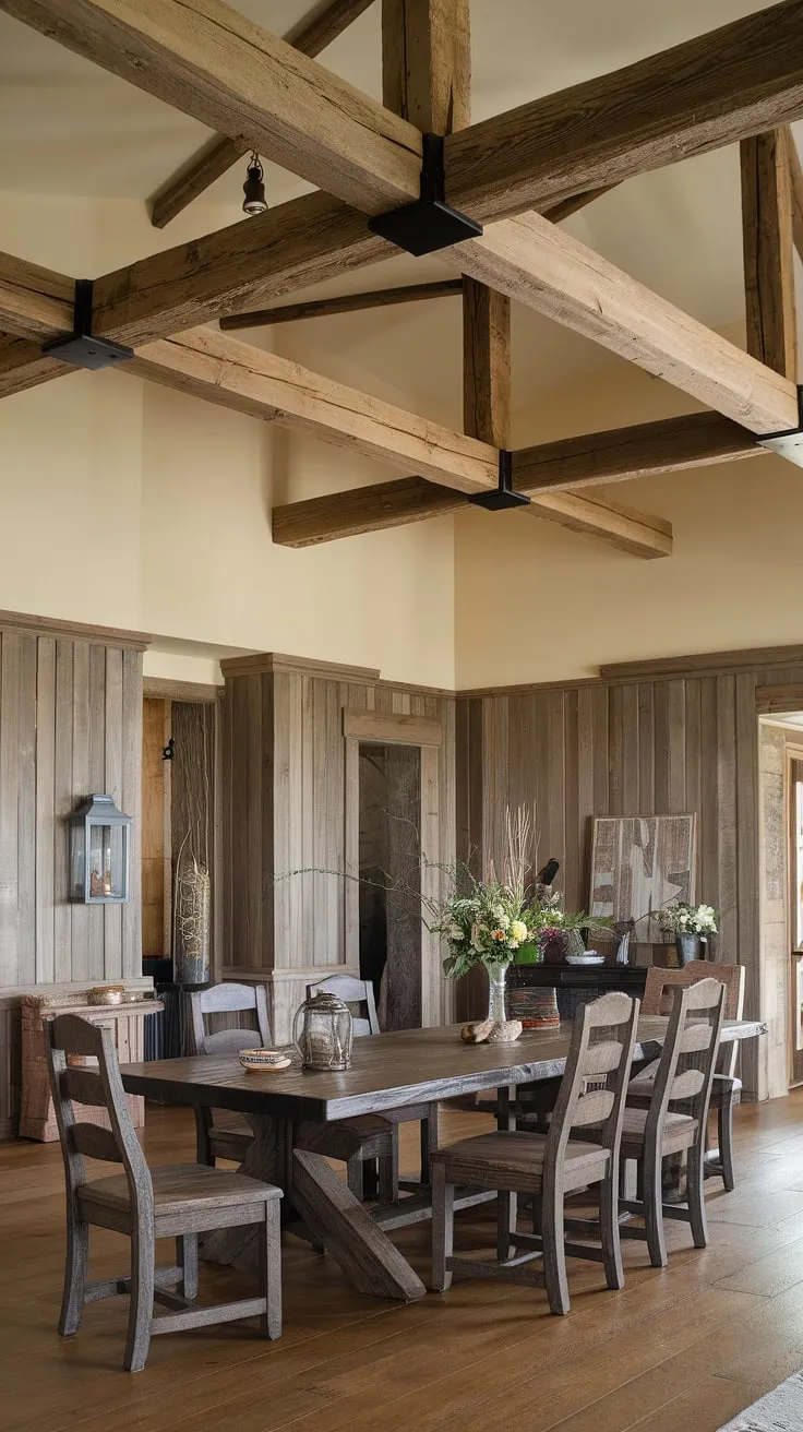 Rustic charm meets modern elegance in this dining room wainscoting masterpiece. The exposed beams and dark wood table create a warm, inviting atmosphere, blending elements of a southern dining room, victorian dining room, and french country dining room for a truly unique dining room decor.