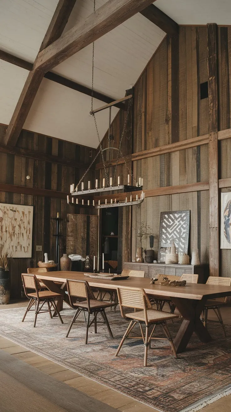 Warmth and character define this rustic dining room, where exposed wooden beams meet modern accents. The dining room wainscoting adds a touch of Victorian elegance, while wicker chairs and a patterned rug soften the space, creating a charming blend of French country dining room and French farmhouse dining room styles. The large, vintage chandelier casts a welcoming glow over the wooden dining table, completing this inviting southern dining room decor.