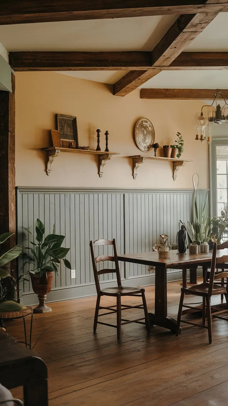 This dining room with beams showcases the beauty of dining room wainscoting, seamlessly blending rustic dining room elements with modern dining room decor. A touch of French country dining room, or perhaps even a French cottage dining room or French farmhouse dining room, infuses this Victorian dining room with undeniable Southern charm.