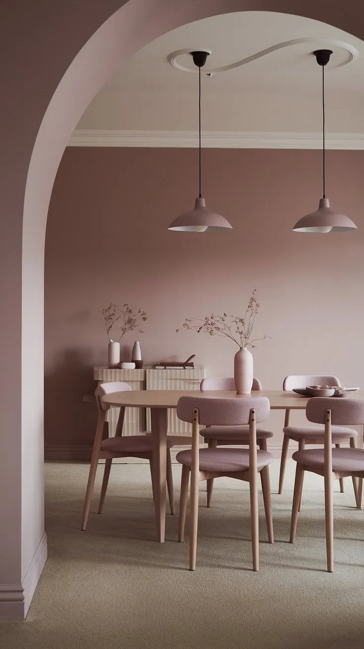 Serene and stylish: This peaceful dining room in muted pink showcases the best of light modern transitional dining room design, setting the stage for intimate gatherings. Dining room neutrals and a sophisticated dining table complete the look, reflecting current dining room trends.