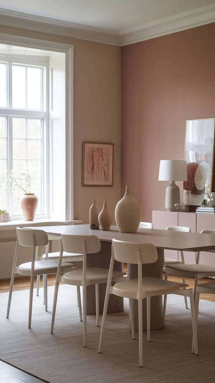 This light modern dining room embodies the best of transitional dining room design. The calming palette of dining room neutrals is beautifully complemented by a subtle muted pink accent wall. The spacious dining table, positioned near a sun-drenched window, is the perfect centerpiece for this peaceful dining room, showcasing current dining room trends in a sophisticated way.