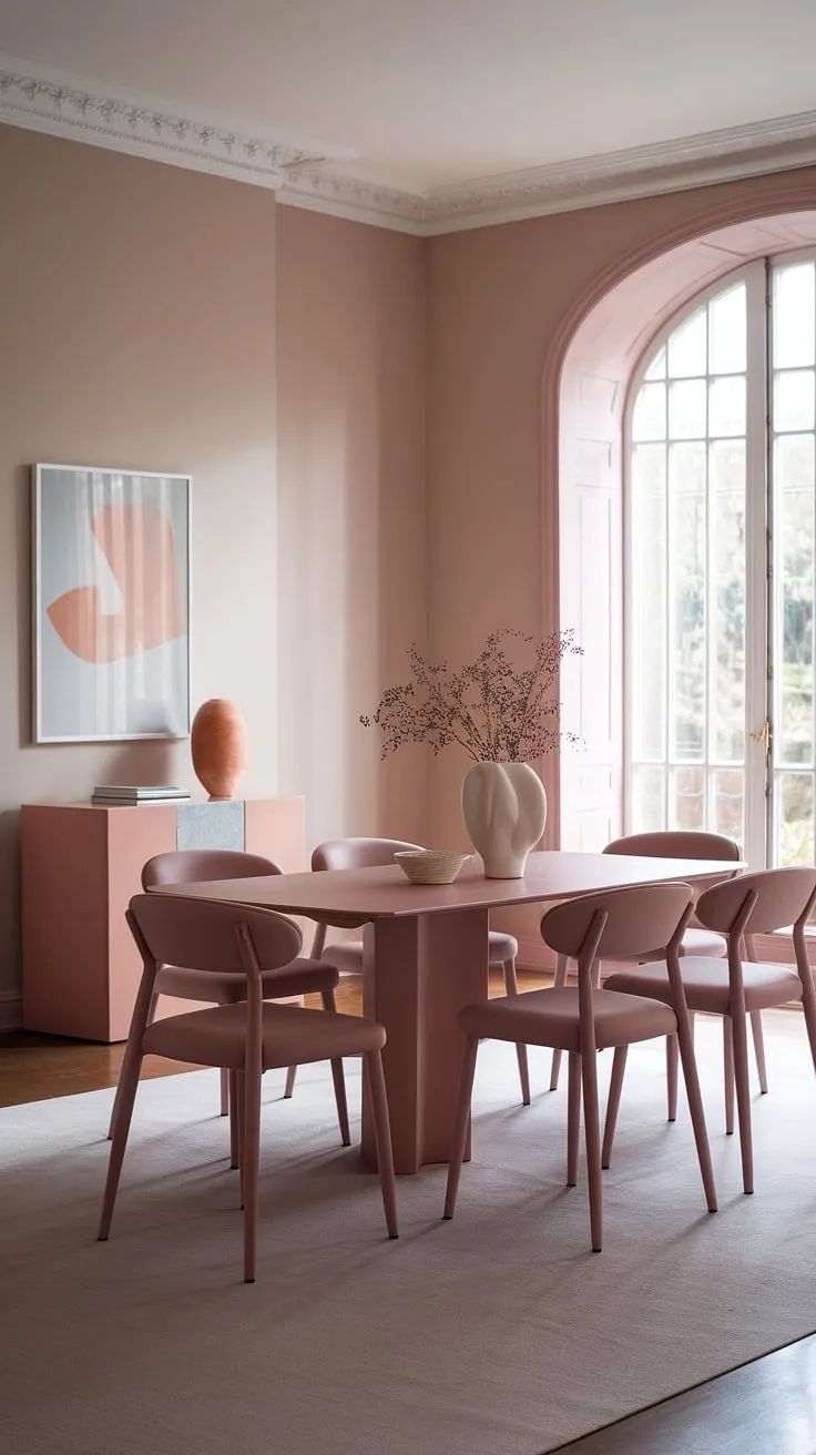 Dining room neutrals meet modern elegance in this light and airy space. A muted pink palette creates a calming atmosphere in this transitional dining room design, setting the perfect scene for intimate gatherings around the dining table. A true reflection of current dining room trends.