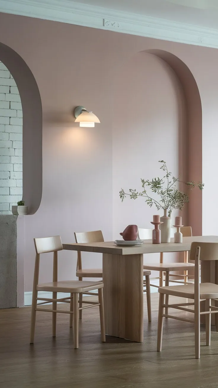 This light modern dining room showcases the beauty of simplicity. The wooden dining table, six comfortable chairs, and subtle muted pink accents create a peaceful dining room, reflecting the latest dining room trends in transitional dining room design.