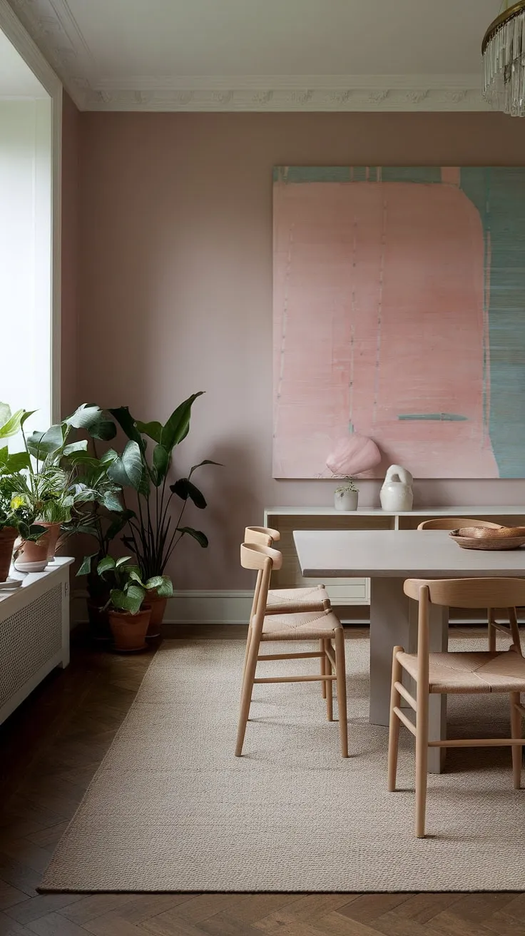 This transitional dining room design effortlessly blends light modern style with calming neutrals. The muted pink dining room features a stunning abstract artwork as a focal point above the wooden dining table, creating a peaceful dining room perfect for gatherings. The beige rug and potted plants complete the look, showcasing current dining room trends.