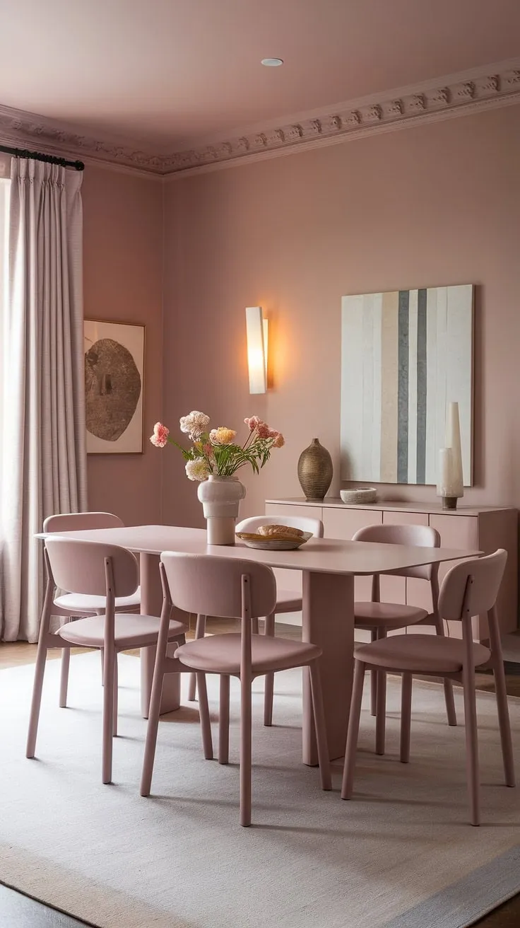 Bathed in a soft, muted pink hue, this light modern dining room embodies peaceful elegance. The transitional dining room design seamlessly blends neutral tones with the blush walls, creating a sophisticated and inviting atmosphere. The dining table, surrounded by six chairs, anchors the space, showcasing current dining room trends. A perfect example of how dining room neutrals can elevate a space.