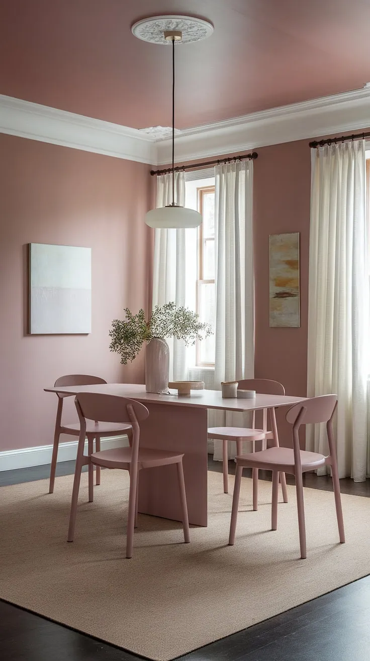 This light modern dining room embodies peaceful elegance. The muted pink hues and neutral dining room design create a tranquil space, perfectly reflecting current dining room trends. A beautiful dining table completes this transitional dining room.