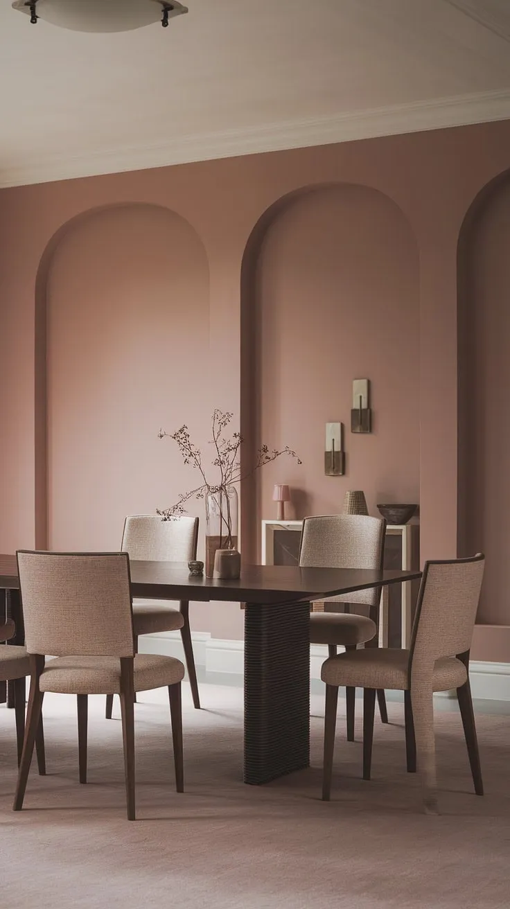 This peaceful dining room is a masterclass in transitional dining room design. The muted pink walls create a serene backdrop for the dark wood dining table and comfortable beige chairs. The light modern aesthetic, incorporating current dining room trends, makes this space a haven of calm and style, a perfect example of how to utilize dining room neutrals effectively.