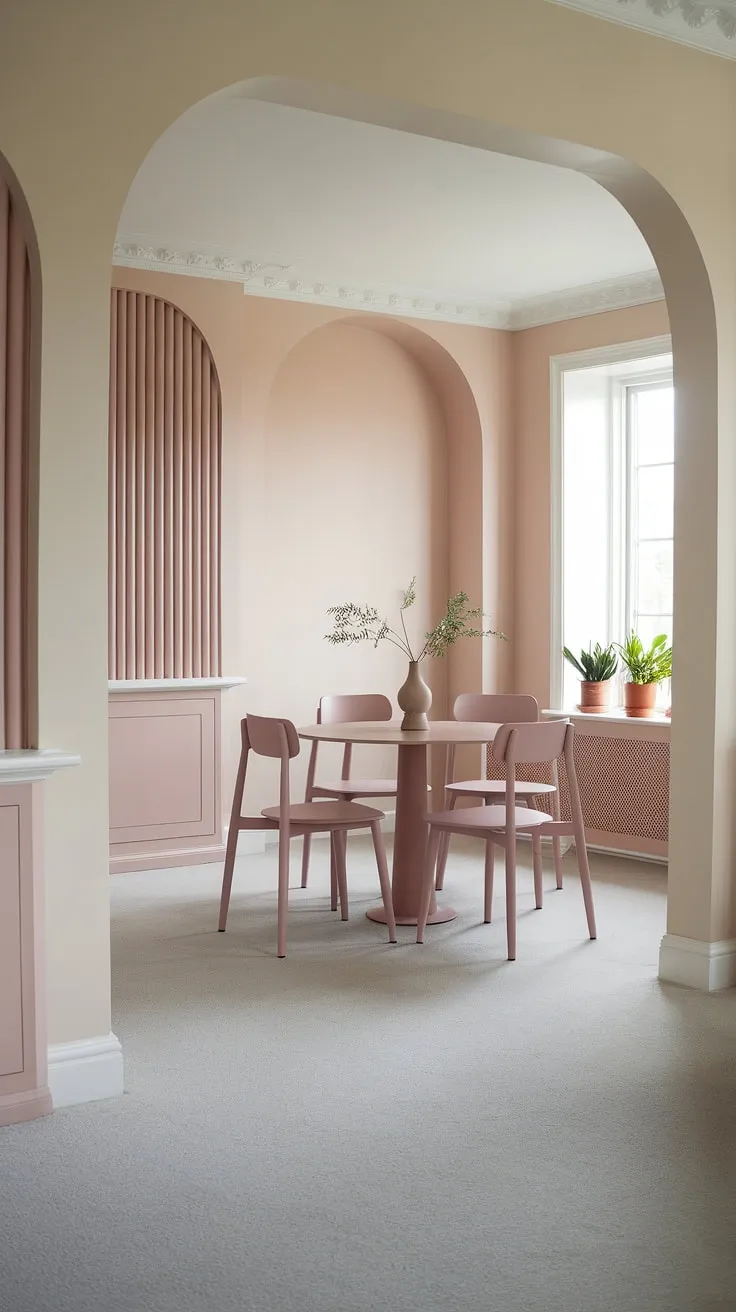 This light modern dining room embodies the essence of peaceful dining room design. The muted pink accents subtly enhance the neutral color scheme, reflecting current dining room trends within a transitional dining room design. The simple elegance of the dining table and chairs, set against a soft beige backdrop and light gray carpet, creates a comfortable and stylish space. A perfect example of how to achieve a sophisticated and calming dining room neutrals scheme.