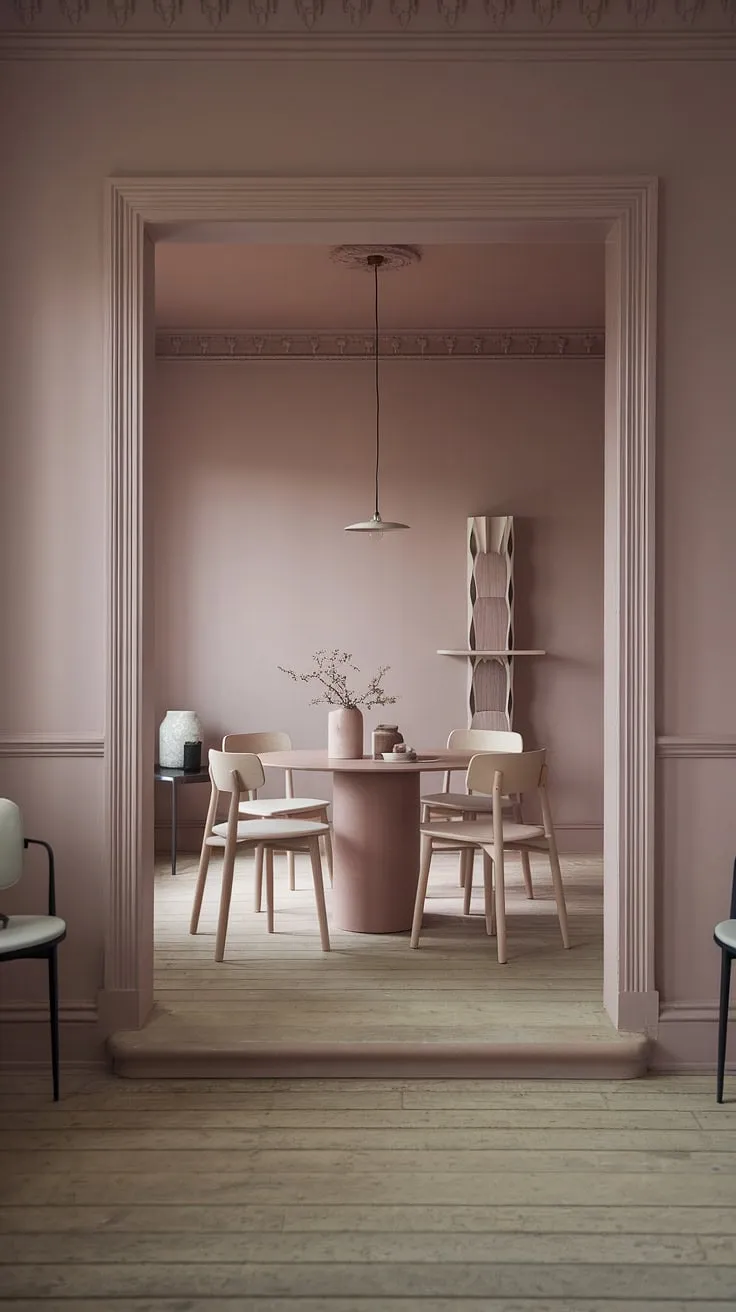 This muted pink dining room is the epitome of calm. The light modern dining room's transitional dining room design, featuring a simple dining table, perfectly embodies current dining room trends and dining room neutrals.
