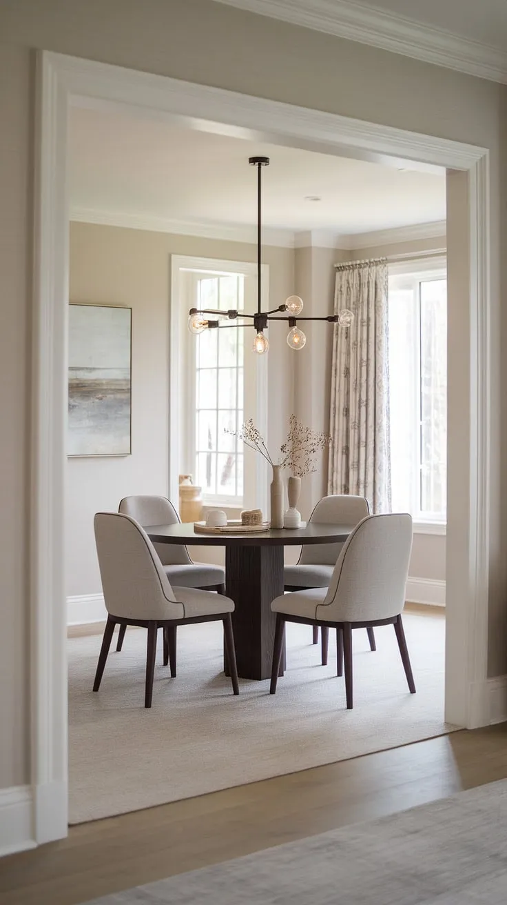 This transitional dining room design effortlessly blends modern and traditional elements. The dining room neutrals, including the calming walls and flooring, create a peaceful dining room atmosphere. The dark wood dining table is a striking centerpiece, anchored by comfortable grey chairs. This light modern dining room exemplifies current dining room trends with its sophisticated simplicity.
