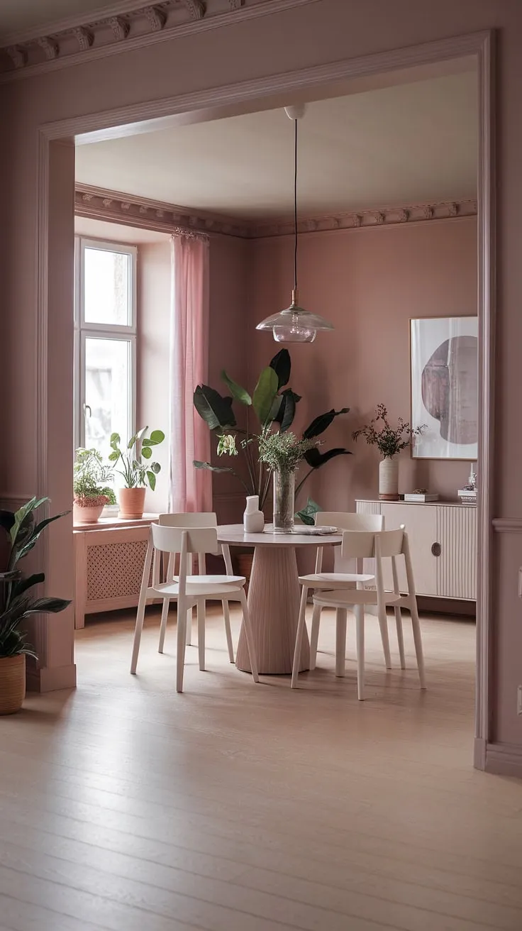 This transitional dining room design perfectly blends light modern aesthetics with dining room neutrals. The muted pink hue and stylish dining table set a peaceful ambiance, reflecting current dining room trends.