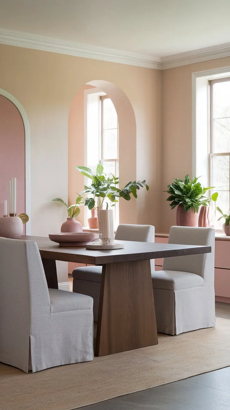 Serene and stylish: This peaceful dining room showcases the best of dining room neutrals and transitional dining room design, with a dark dining table as the centerpiece and muted pink accents adding a touch of modern elegance. It's a perfect example of current dining room trends.