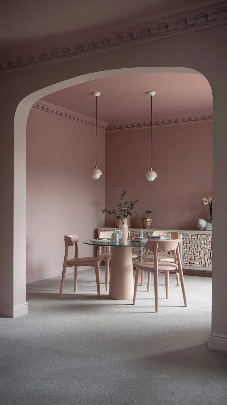 Bathed in a soft, muted pink hue, this light modern dining room embodies the latest dining room trends. The transitional dining room design seamlessly blends contemporary lines with a calming atmosphere, creating a peaceful dining room perfect for intimate gatherings. The grey carpet complements the dining room neutrals, while two pendant lights illuminate the elegant dining table and four chairs.