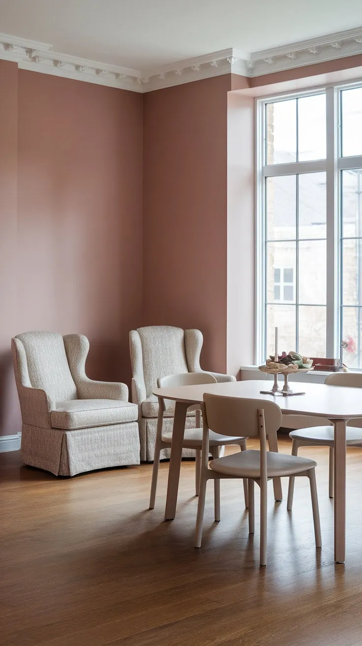 This light modern dining room embodies serenity. The transitional dining room design seamlessly blends the warmth of the muted pink dining room walls with the clean lines of the light beige dining table and chairs. The hardwood floors and ample natural light contribute to the peaceful dining room atmosphere, showcasing a sophisticated take on dining room neutrals and aligning perfectly with current dining room trends.