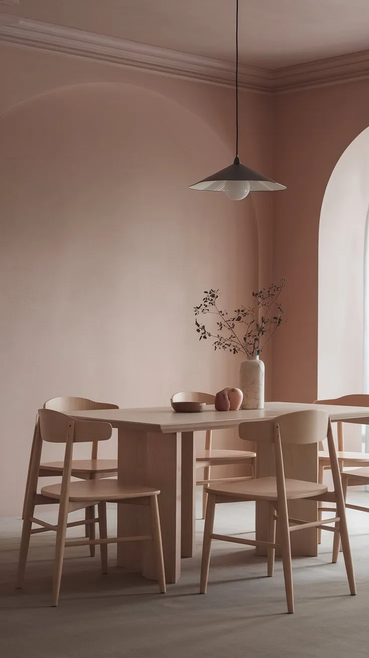 This light modern dining room's muted pink palette creates a serene atmosphere. The natural wood dining table and stylish chairs complete this transitional dining room design, reflecting current dining room trends for a peaceful dining room escape.