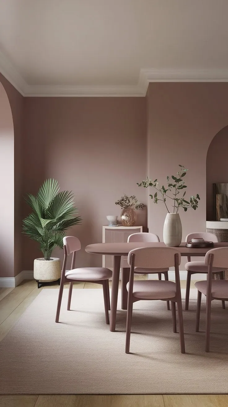 This peaceful dining room showcases the beauty of dining room neutrals in a muted pink palette. The transitional dining room design is effortlessly chic, featuring a light modern aesthetic and a comfortable dining table perfect for gatherings. A potted plant adds a touch of nature to this stylish space, exemplifying the latest dining room trends.