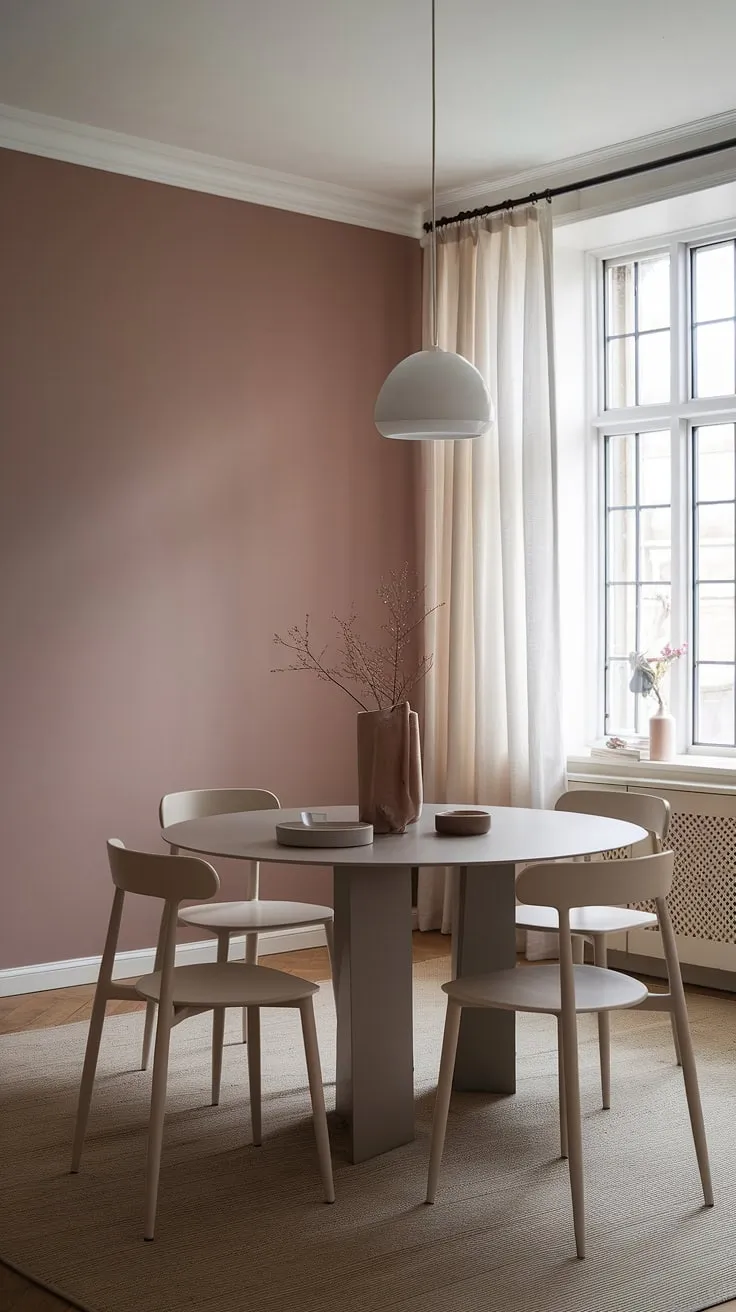 A stunning example of a transitional dining room design, this space effortlessly blends light modern aesthetics with calming neutrals. The muted pink dining room accent wall adds a touch of personality, while the simple dining table and chairs maintain a clean, uncluttered feel. This peaceful dining room is a testament to current dining room trends, showcasing how subtle color and thoughtful design can create a truly inviting space.