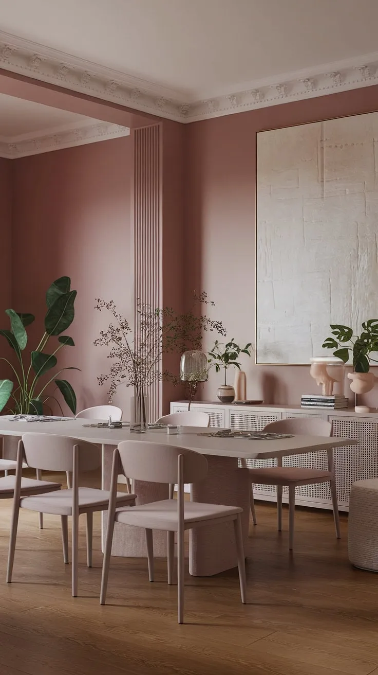 A peaceful dining room in muted pink, showcasing transitional design and dining room neutrals. The light modern aesthetic and stylish dining table create a serene space reflecting current dining room trends.