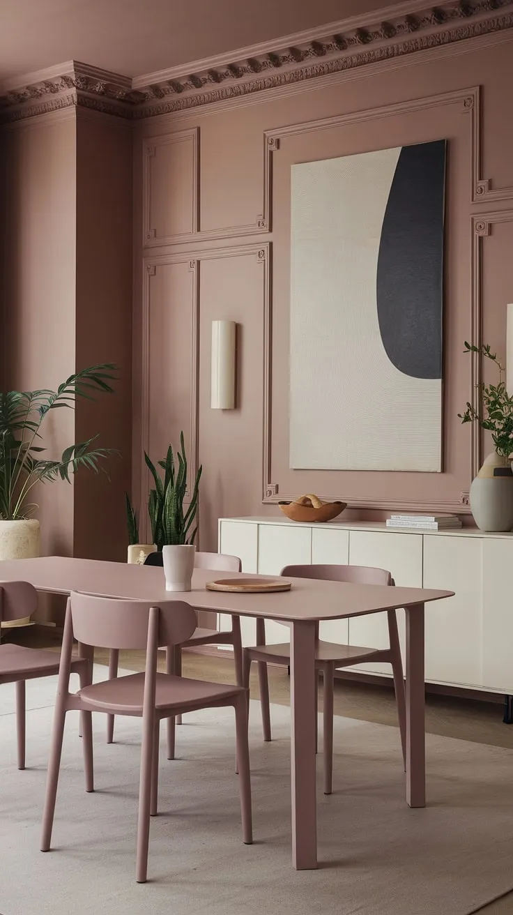 Bathed in a soft, muted pink hue, this peaceful dining room showcases the best of transitional dining room design. The light modern dining table and four chairs are perfectly complemented by the beige walls, a large statement artwork, and a crisp white cabinet, creating a serene and stylish space that embodies current dining room trends. The overall palette of dining room neutrals contributes to the room's calming atmosphere.