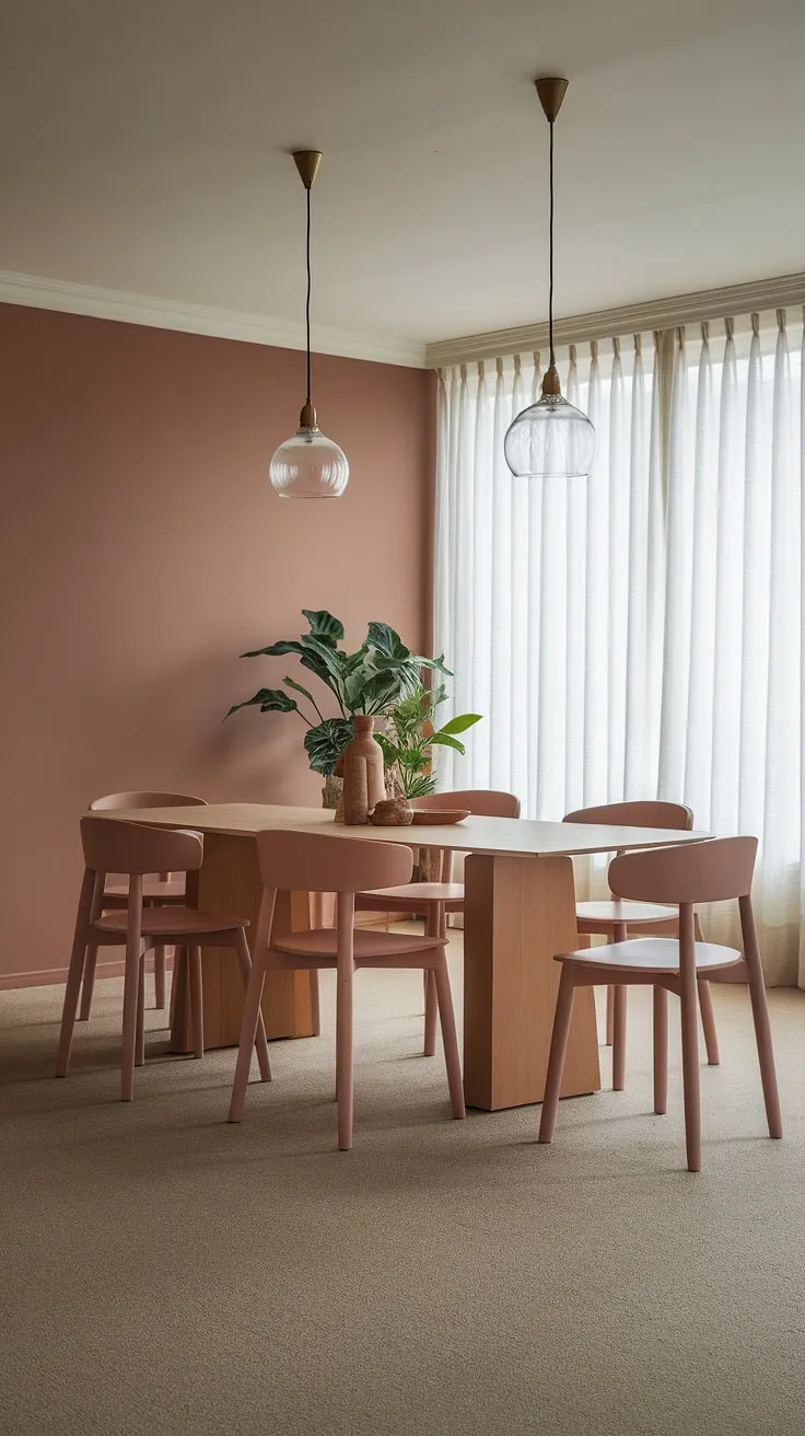 Serene and stylish, this muted pink dining room embodies the latest dining room trends with its light modern design and peaceful atmosphere. The transitional dining room design seamlessly blends comfort and contemporary style around the central dining table.