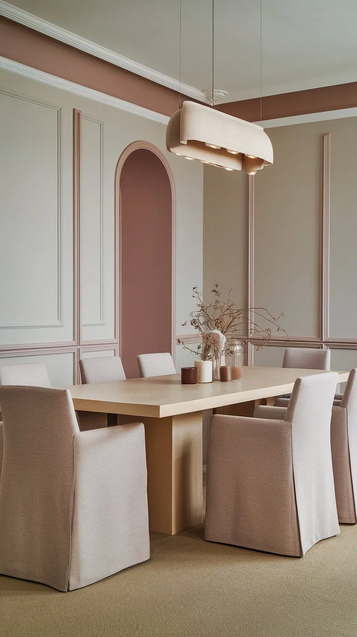 This peaceful dining room showcases the best of transitional dining room design. The light modern dining room features a light wood dining table and beige upholstered chairs, all set against a calming backdrop of dining room neutrals and muted pink accents. The light gray walls and beige carpet complete the serene atmosphere, reflecting current dining room trends.