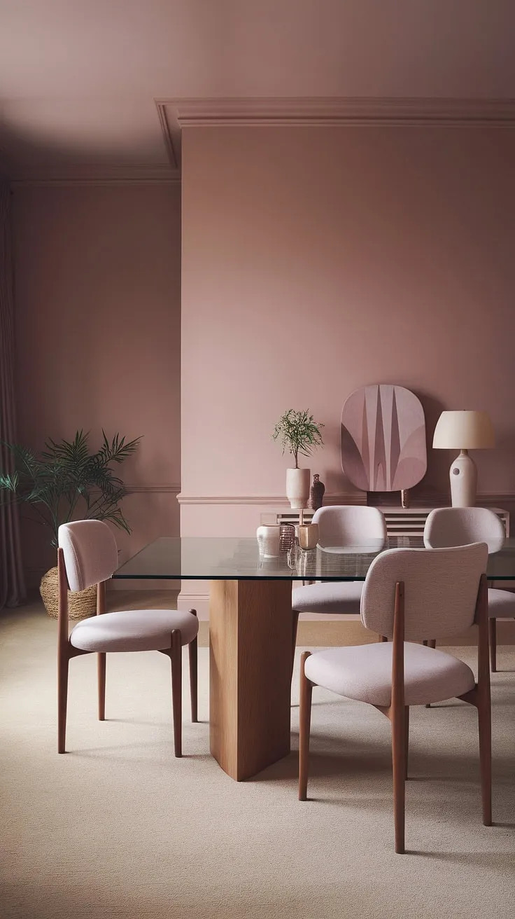Soft pink hues and natural wood create a peaceful dining room, showcasing the latest dining room trends in this light modern dining room design. The glass-top dining table anchors this transitional dining room, perfectly embodying dining room neutrals.