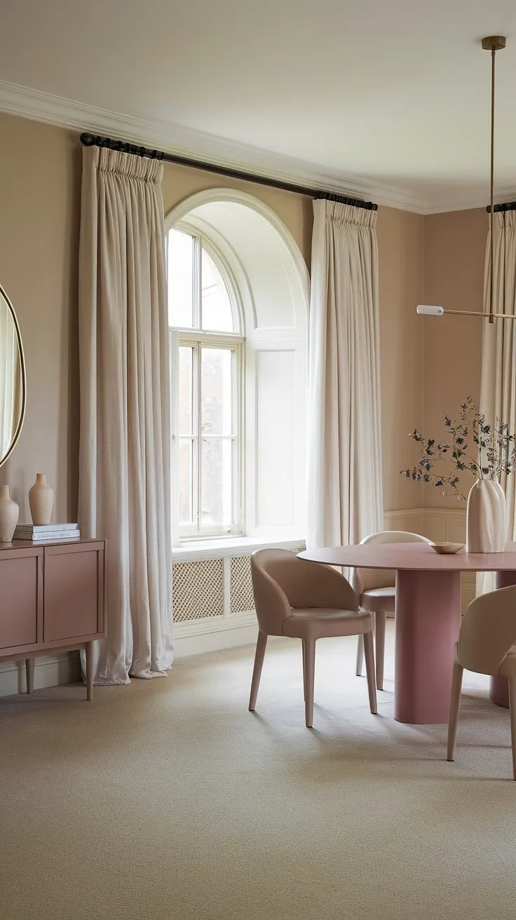 Bathed in soft light, this peaceful dining room showcases the latest dining room trends with a transitional dining room design. The muted pink dining table and beige chairs create a serene atmosphere within the light modern dining room, perfectly complemented by the dining room neutrals of the walls and carpet.