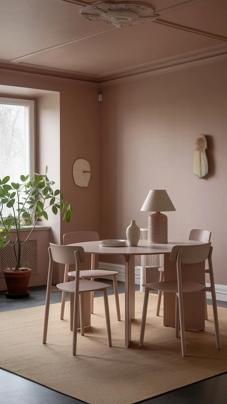 This light modern dining room, featuring dining room neutrals and a subtle pink hue, exemplifies peaceful dining room design. The dining table is the perfect centerpiece in this stylish transitional dining room.