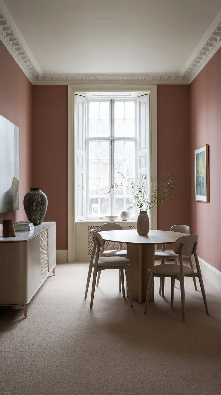 This light modern dining room, bathed in natural light, is the epitome of current dining room trends. The dining table anchors the space, perfectly complementing the peaceful dining room's muted pink walls and beige carpet, a masterclass in transitional dining room design.