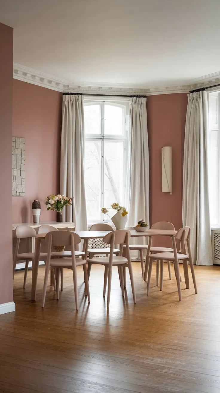 Bathed in soft light, this peaceful dining room showcases a light modern aesthetic with transitional design elements. The muted pink walls create a calming backdrop for the dining table and six chairs, perfectly embodying current dining room trends. The hardwood floors and sheer white curtains complete the serene atmosphere of this dining room neutrals haven.
