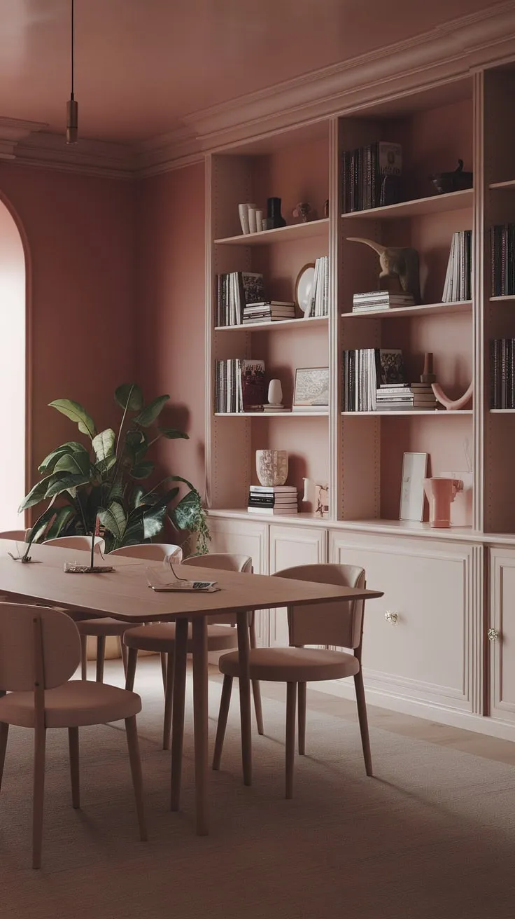 Tranquil moments unfold in this peaceful dining room, where muted pink hues and light modern design create a serene atmosphere. The transitional dining room design, featuring a long dining table and neutral tones, reflects current dining room trends.
