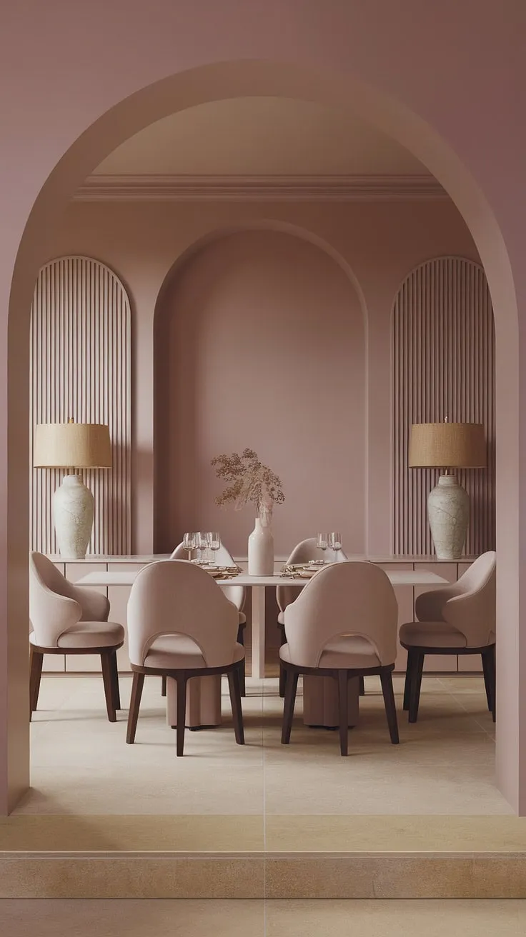 Bathed in a soft, muted pink hue, this light modern dining room embodies the latest dining room trends. The transitional dining room design seamlessly blends neutral tones with the pale pink walls, creating a peaceful dining room atmosphere. Beige dining chairs surround the central dining table, completing the serene and stylish dining room neutrals palette.